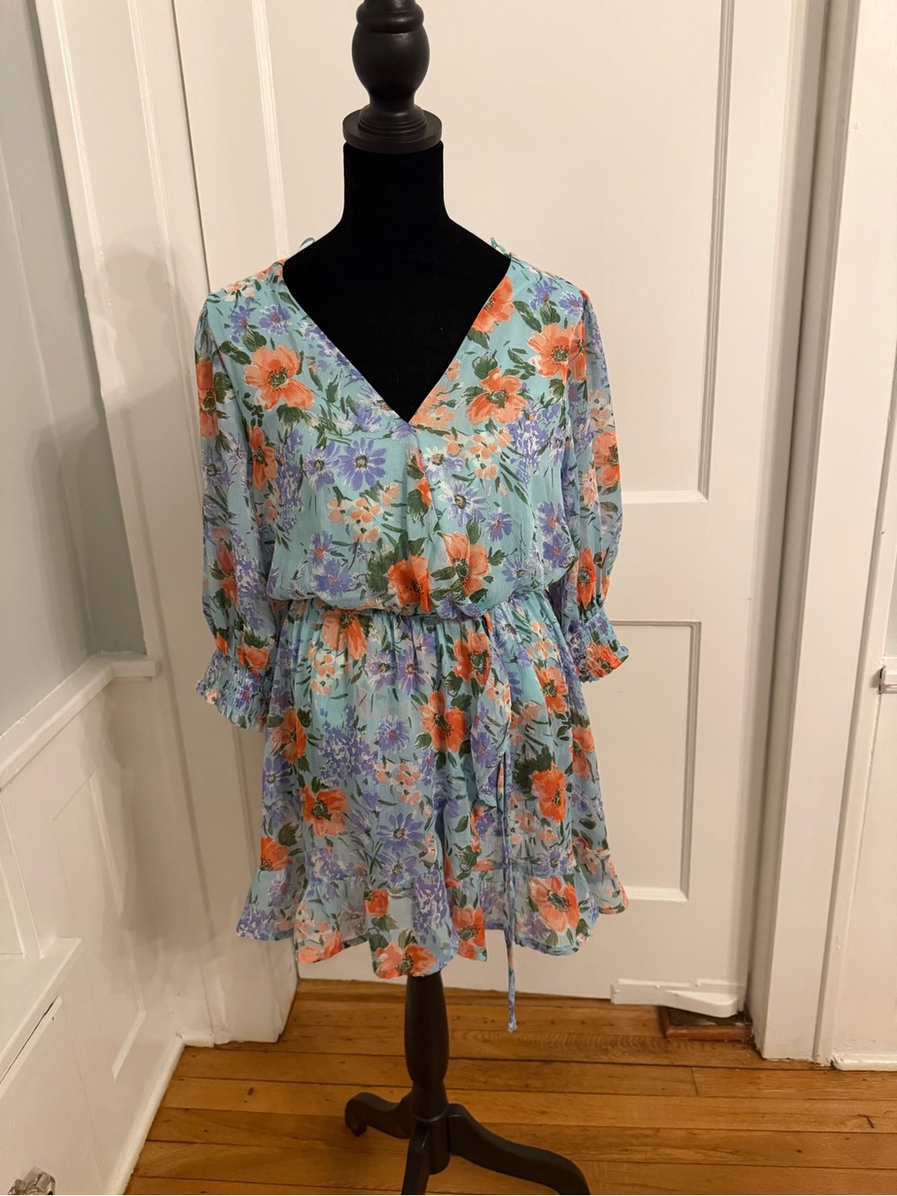 Sienna Sky Floral V-Neck Long Sleeve Dress in Aqua with Orange & Lavender Blooms